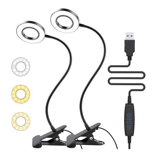 Miady 2 Pack LED Clip on Lamp Book Light for Kids Reading in Bed, 3 Color Modes with 10 Levels Brightness Flexible Gooseneck Clamp for Bed Headboard Video, Craft, Make up, Study