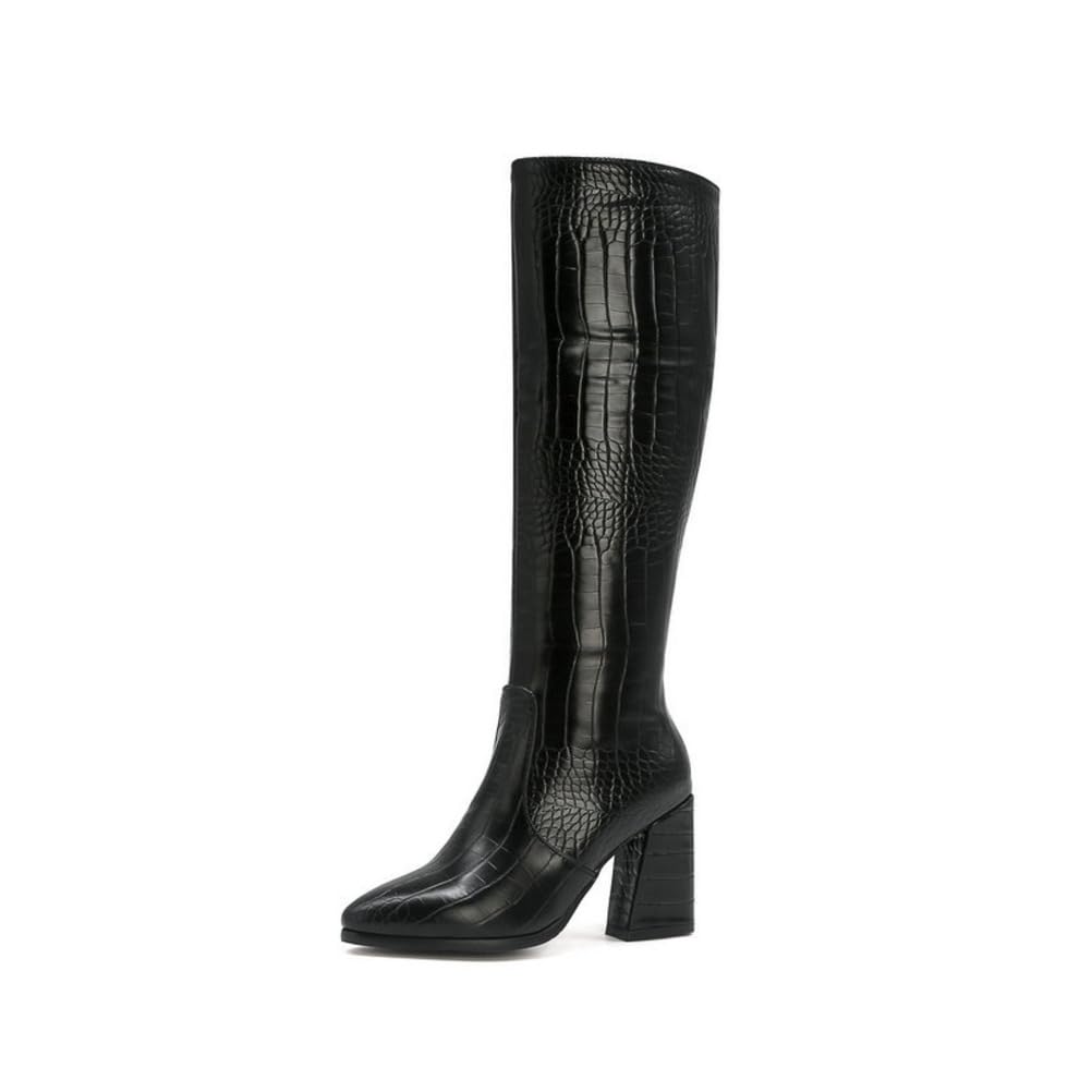 Womens Winter Black Knee High Pointed Toe Wide Calf Leather Biker Boots Chunky Block Heel Side Zipper Long