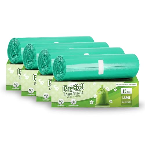 Image of Amazon Brand - Presto! Premium Perfume Garbage Bags on Roll with Tie String | Large | 25x30 Inch | 60 Count | 15 X 4 Packs | Green
