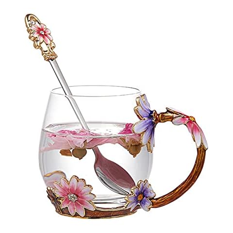 evecase Enamels Butterfly Flower Clear Lead-Free Glass Coffee Mugs Tea Cup with Steel Spoon Set, Personalised Gifts for Women Wife Mum Girl Teacher Friends Birthday Mothers Valentines Day (Purple) Cover