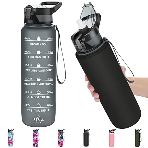 PASER Motivational Water Bottle 32 oz with Straw & Time Marker, BPA Free & Leakproof Tritan Portable Reusable Fitness Spor...