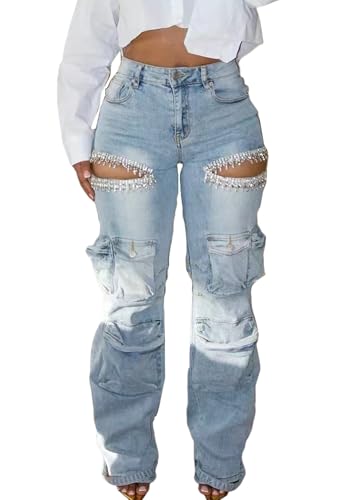 Women Baggy Ripped Jeans Rhinestone High Waisted Cargo Jeans Y2k Wide Leg Pants Streetwear