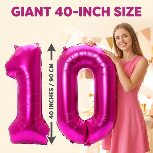 Image of Number 10 Balloon Foil Mylar Balloons for Birthday Party Decoration (Hot Pink, 40 Inch)