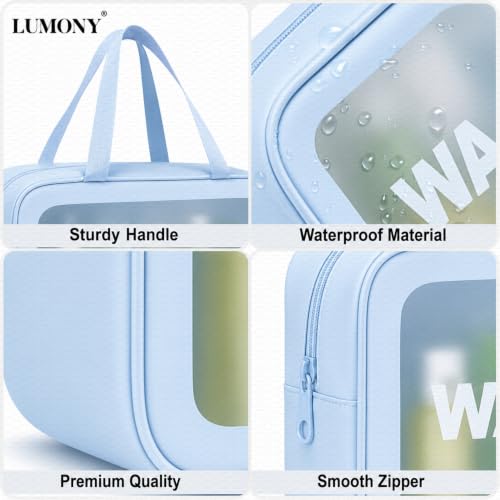 Image of LUMONY Makeup Pouch Bag PVC Travel Toiletries Organizer Cosmetic Bags Wash Bag Pouch for Travel Kit Toiletry Bag Portable Organizer Case Carry Pouch for Women Bathroom Set of 3 (Blue-Colors)