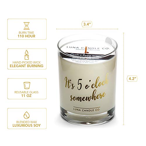 Strong Scented Bourbon Jar Candle, Soy Wax, Luxurious 11oz. Glass, up to 110 Hours Burn Time, Crafted Sandalwood Vanilla- It's Five O'clock Somewhere, Luna Candle Co.