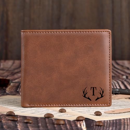 Engraved Initial Leather Wallet, Personalized Gifts for Men Birthday Gift for Men Him Letter T4