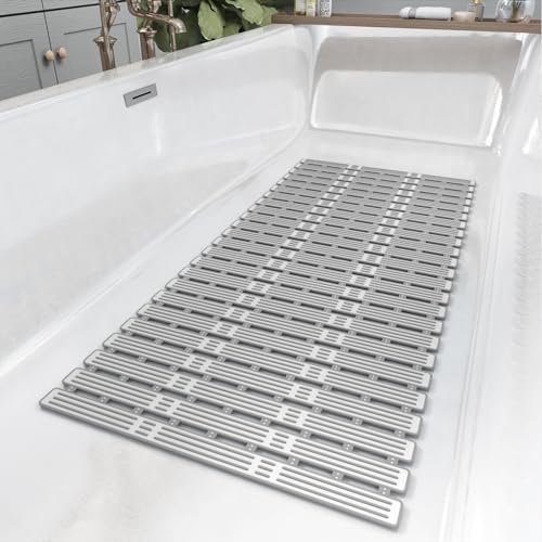 DEXI Bath Mat Anti Slip 40 x 90 cm Waterproof Bathtub Shower Mats with Suction Cups and Drain Holes Long Floor Mat for Bathroom Accessories Bath Tub Toilet Sink Light Grey