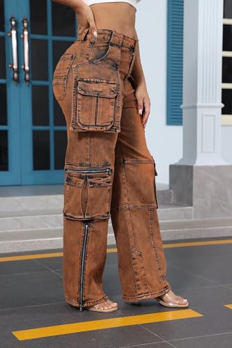 Ryehack Jeans Cargo Pants for Women Y2K Straight Leg Side Zipper Denim Pants with Pockets Stretch Jeans Streetwear2