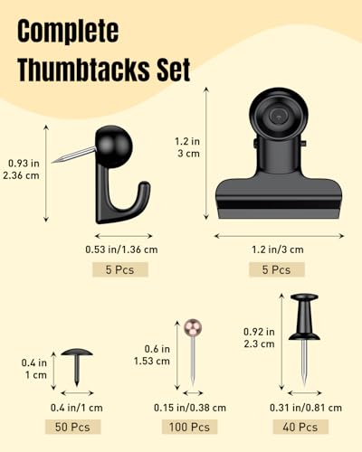 Uniclife 200 Stück Schwarze Reisszwecken Für Die Wand, 5 Verschiedene Arten Von Reißzwecken Für Korktafeln Und Pinnwände, Reißzweck Wandhaken Set Für Bilder Und Dekoration