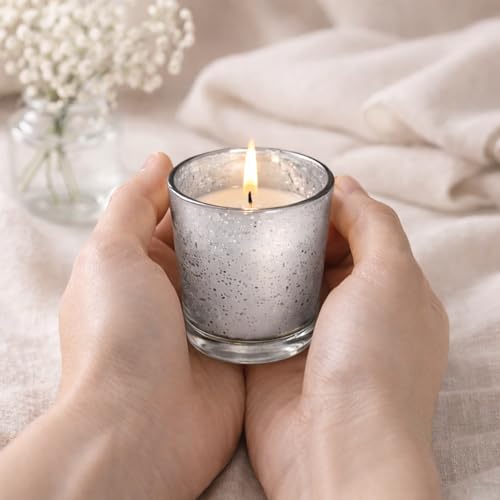 Image of Hosley Set of 24 Silver Mercury Filled Glass Votive Candles. Ideal Gift for Weddings, Bridal Showers, Parties, Home Decor, and Special Events