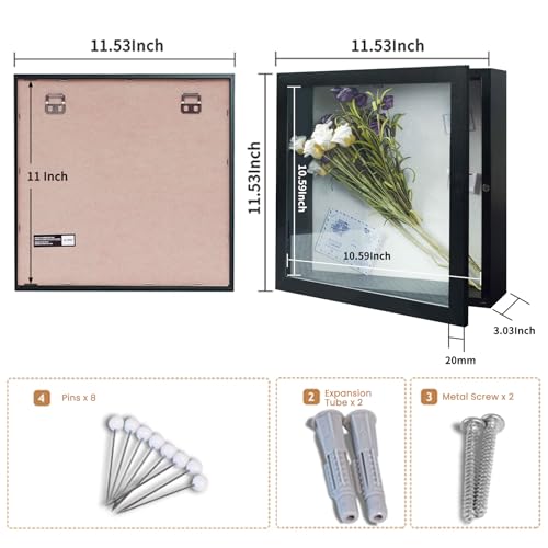 Image of Muzilife 11x11 Deep Shadow Box Picture Frame with Linen Board Wood Glass Display Case Ready to Hang Memory Box Baby Sports Memorabilia, Awards, Medals, Wedding, Tickets, and Photos (Black)