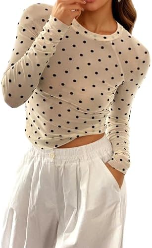 Floral Mesh Top for Women Crew Neck Long Sleeve See Through Tee S...