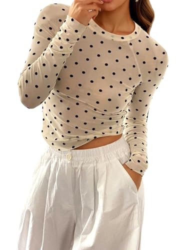 Floral Mesh Top for Women Crew Neck Long Sleeve See Through Tee Shirts Fitted Sexy Going Out Tops