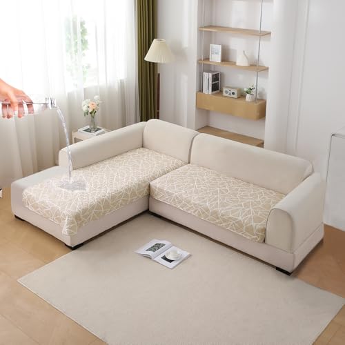 Image of HOKIPO 'Elira Series' Printed Water Repellent + Waterproof Quick Dry L Shape (2+2 Seater) Sofa Seat Cover Mat, Beige Abstract Geometry (AR-5245-C3 + AR-5246-C3)