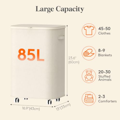 Image of Lifewit 85L Large Laundry Basket with Wheels and Lid, White