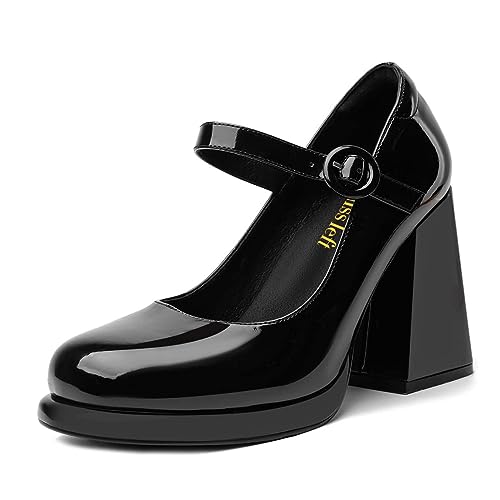 miss left Women's Platform Closed Round Toe Pumps Mary Janes Glossy Leather Ankle Strap Chunky High Heels Girls Party Dressy Shoes Size 4-16 US