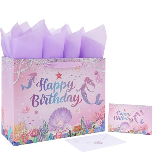 wishinside 13 Large Mermaid Birthday Gift Bag Set with Handles Greeting Card Tissue Papers and Stickers for Kids Girls Teens Women for Birthday Baby Mermaid Design 1 Pcs