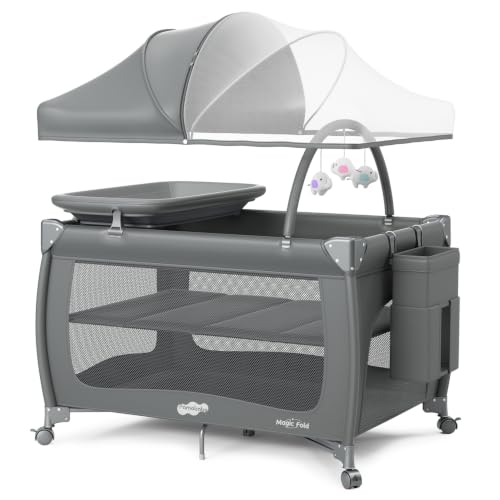 Pamo Babe Pack and Play with Bassinet, One-Step Setup Portable Baby Playpen