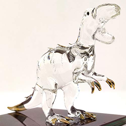 Sansukjai Figuras de dinosaurio tiranosaurio T-rex de 4 pulgadas, arte de vidrio soplado a mano con adornos de oro de 22 quilates, animales, regalo coleccionable, decoración del hogar, oro