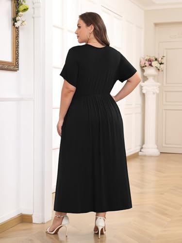 Image of BELAROI Womens Plus Size Maxi Dress Summer Wrap V Neck Flowy Long Sundress Beach Dresses with Pockets