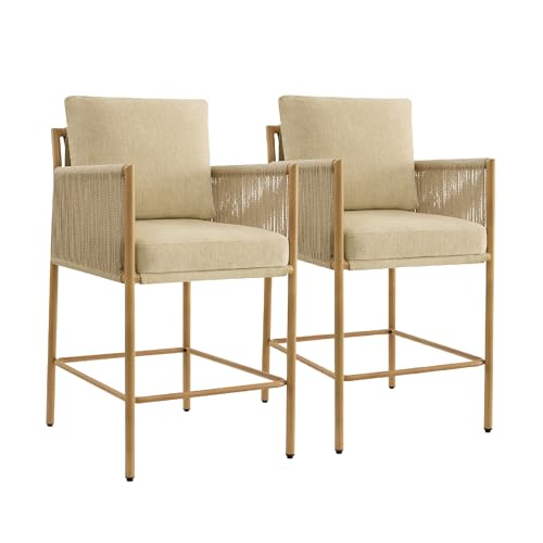 Image of CHITA Boho Rope Counter Height Bar Stools Set of 2, Modern Upholstered Bar Stools with Handwoven Rope Armrests, Metal Frame with Wood-Grain Finish, 26.4 inch Seat Height, Oatmeal
