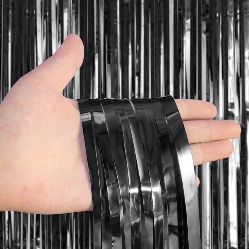 Image of 2 Pack Fringe Curtains Backdrops, Foil Fringe Curtains, Door Streamers for Birthday Wedding Bridal Shower Holiday Graduation Party Decorations, Photo Booth Backdrops, Black
