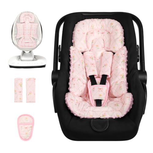 Image of Infant Car Seat Insert with 3 Strap Covers, Soft Car Seat Head Support for Baby Girls, Plush Fabric Newborn Insert for carseat, Strollers, Swings, Bouncer, Flower Bow