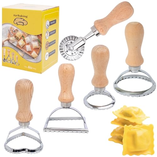 AIRBAKING - 5 Pcs Pasta Maker Set Ravioli Stamp Maker Cutter Set Pasta Roller Dumpling Maker Samosa Maker Cookie Mould Shaped Cutters for Pasta Noodles Empanadas Spaetzle with Wooden Handle