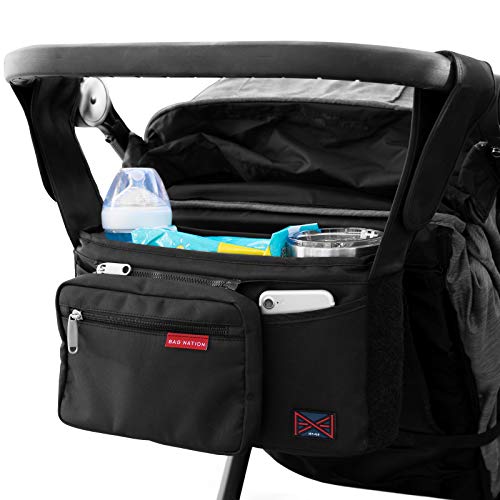 Image of Bag Nation Universal Stroller Organizer Caddy Featuring Cup Holders, Large Main Pocket Compatible with Uppababy, Baby Jogger, Britax, Bugaboo, BOB, Umbrella and Pet Stroller - Black