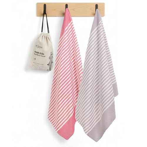 Image of Mush Grab & Go Bamboo Travel Towel | 100% Bamboo Bath Towel for Beach, Hiking & Gym Towel for Men Workout | Quick Dry & Compact Towels with Travel Bag | 60x120 cms, 250GSM | Pack of 2 (Red & Grey)