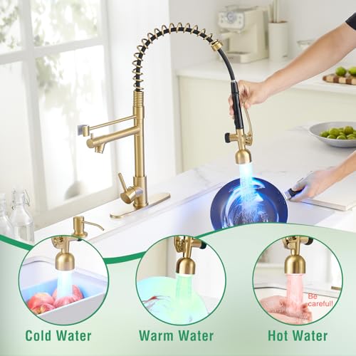 Image of Fapully Commercial Kitchen Faucets with Pull Down Sprayer Brushed Gold LED