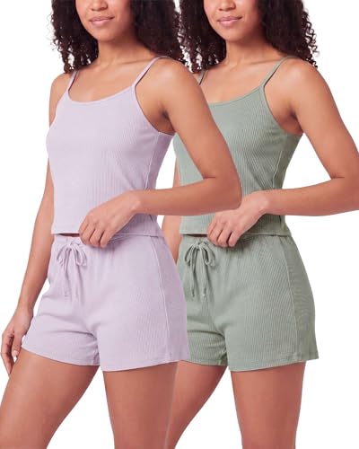 Image of Real Essentials 2 Pack: Women's Ribbed Cropped Cami and Short Set Pajama Sleep Lounge Sleepwear PJ Soft Drawstring Shorts