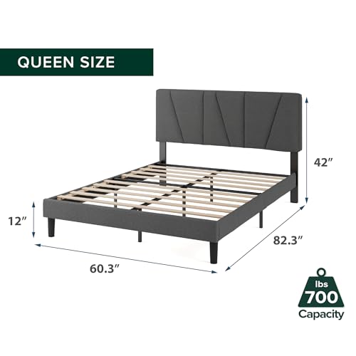 Zinus Queen Maya Upholstered Bed Frame with Asymmetric Headboard, Durable Wooden Slats, Sturdy Framework, Noise Free Sleep, No Box Spring Needed, Easy Assembly, Eco Friendly Packaging, Dark Grey