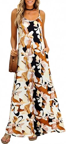 Image of Supnier Women's Summer Maxi Dress Casual V-Neck Sleeveless Bohemian Spaghetti Strap Floral Long Maxi Dress with Pockets