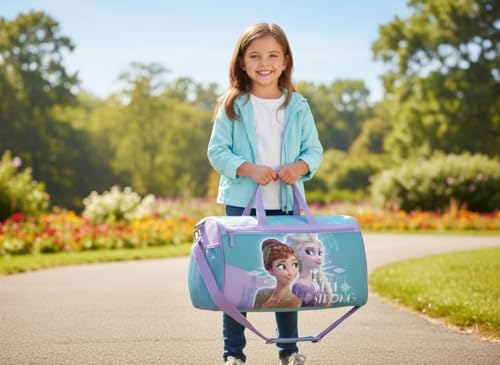 Image of Disney Frozen Girls' Duffle Bag - Elsa & Anna Travel Gym Bag with Adjustable Strap, Mesh Side Pockets & Zipper Pocket