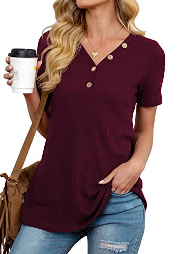 ANIXAY Womens Button Up Blouses Waffle Knit Tunic Tops Short Sleeve Loose Fitting Daily Casual V Neck Henley Tops Wine Red-Medium