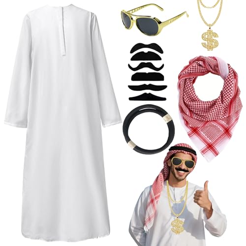 XIEXIESHER Disfraz Jeque Arabe Hombre, Sheikh Traje Árabe, Arabian Costume Hombre, Conjunto de Disfraz jeque, Con Venda, Collar, Bufanda, 6 Barba, Gafas de Sol, Adecuado para El Carnaval, Cosplay