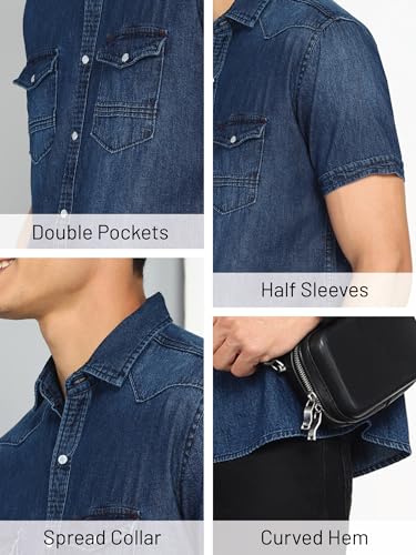Image of Kuons Avenue Men's Denim Double Pocket Casual Shirt | Half Sleeves Shirt for Men