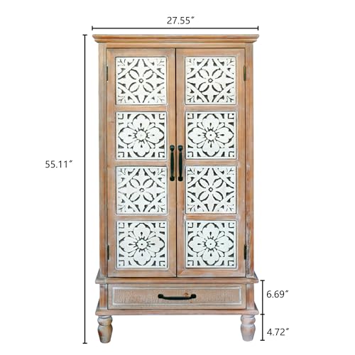 Image of KTART 55'' Solid Wood Tall Storage Cabinet,Kitchen Pantry Storage Cabinets | French Country Accent Cabinet with Shelves and Drawers,Solid Wood China Cabinet with Embossed Floral Metal Doors,Natural Wood