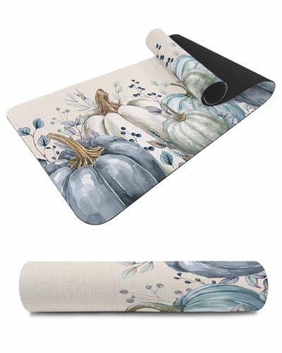 Debedcor Heat Proof Table Pads Waterproof Decorative, Thanksgiving Pumpkin Non-Slip Table Countertop Protector, Fall Eucalyptus Leaves Burlap Insulation Mat for Dining Room, 48 x 12 Inches