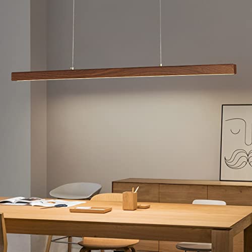 Bellastein LED Holz Pendelleuchte Moderne Dimmbare Linear Design Hängeleuchte mit Fernbedienung Esstisch Hängelampe Höhenverstellbar Esszimmer Büro Wohnzimmer Kronleuchter (Farbe Walnuss L100cm)