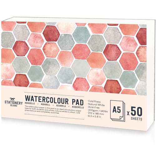 Stationery Island Papel Acuarela A5 300gr, 50 Hojas Cuaderno Acuarelas...