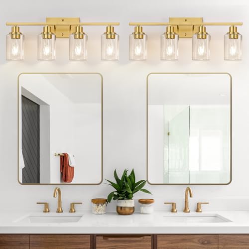Image of Indoi 4-Light Bathroom Light Fixtures, Brushed Gold Modern Vanity Lights with Clear Glass Shades, Bathroom Wall Lamp for Mirror Living Room Cabinet Bedroom Porch
