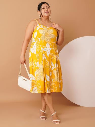 Image of U&F Beyond Plus Size Yellow Floral Georgette Midi Dress | Sleeveless Strap