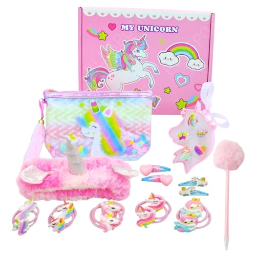 Image of PLUSPOINT Unicorn Gift for Girls 23Pcs Set for Kids of Unicorn Handbag Purse, Hair Band, Hair Clips, Cartoon Cap, Pen, Toy Soft Plush Toys Set for Birthday Gifts for Kids