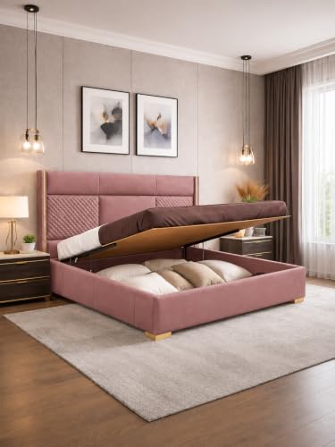 Image of Royal Modern Upholstered Queen Size Bed with Hydraulic Storage for Bedroom | Wooden Double Beds for Home & Hotels | Platform Cot Bed with Upholstery Fabric, 6.5 x 5 Ft | Sheesham, Onion Pink