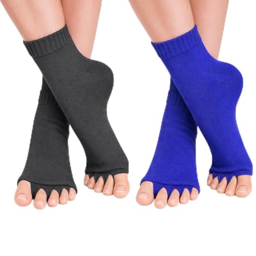 Image of Foot Alignment Orthopedic Cotton Socks for Men & Women | Five Toe Separator | Foot Pain Relief | Bunion Corrector | Plantar Fasciitis Support | Free Size | DarkGray-RoyalBlue | 1 Pair | UK8-11