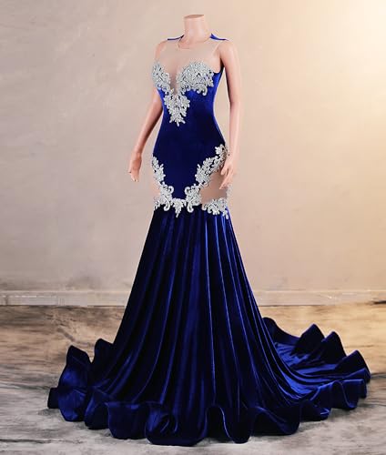 Velvet Prom Dress Beaded Applique Sleeveless Pageant Gala Mermaid Evening Party Gown4