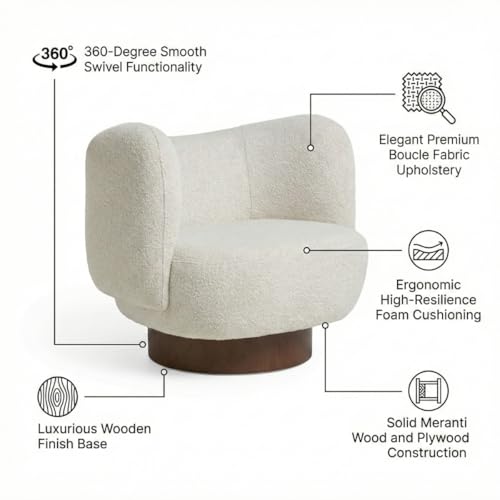 Image of Kingsman Furnitures Nova Swivel Accent Arm Chair for Home | Bedroom, Living, Dining & Drawing Room | Ultra Soft and Comfortable (Off-White Pax Boucle)