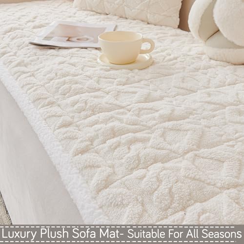 Image of HOKIPO 'Italian Caelora' Luxury Jacquard Plush Sofa Cover Mat | Make Your Own Sofa Cover Set, Mat Length 70(D) x 120(L) cm, Pearl White (AR-5956-WHT)